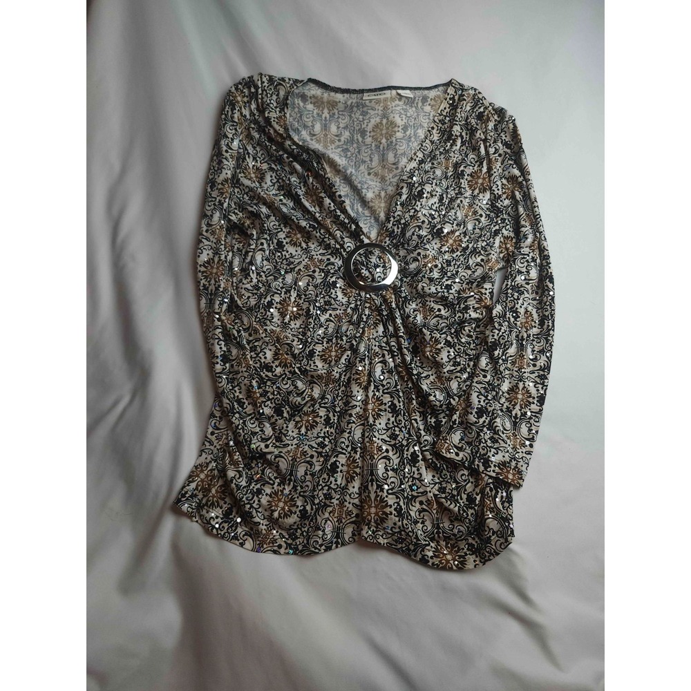 Cato Top Womens Medium Tan Brown Paisley Embellished Long Sleeve Ring Detail